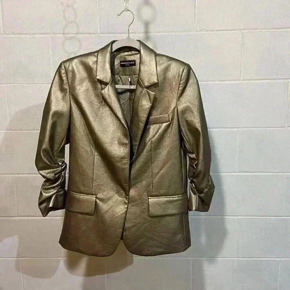 Generation Love Women‎ Fabien Satin Blazer 3 Gold Ruched Sleeve One Button Party - Picture 1 of 6